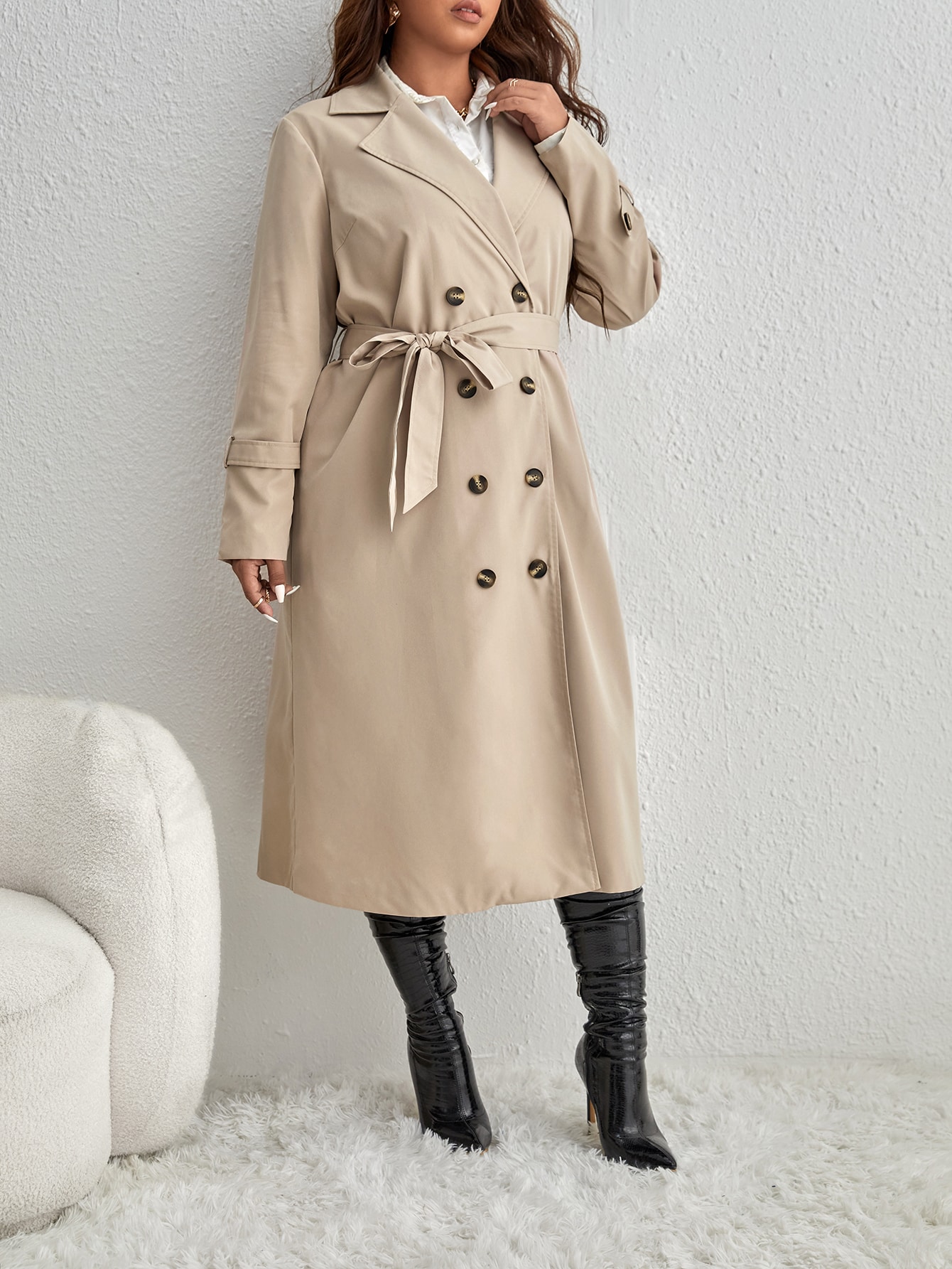 In Long Sleeve Plus Size Trench Coats