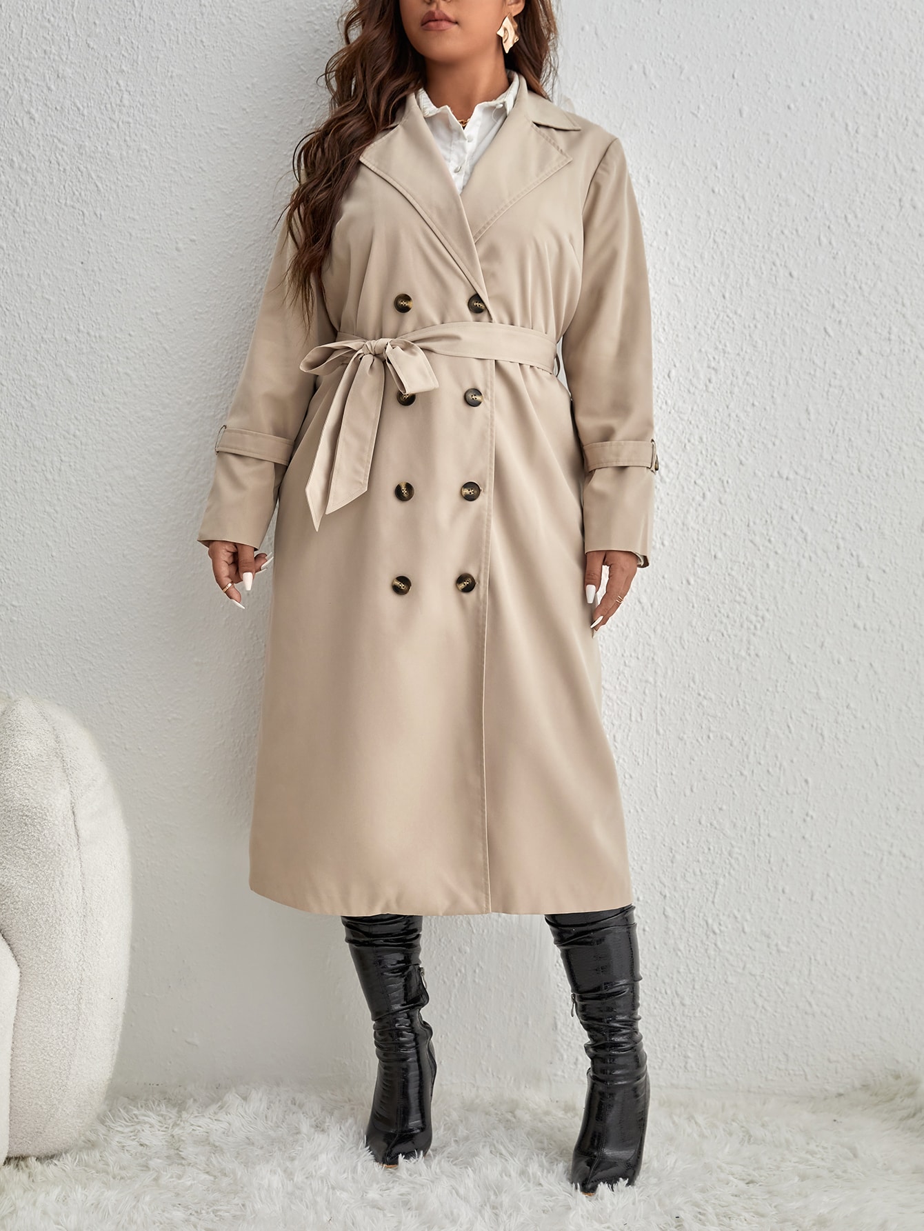 In Long Sleeve Plus Size Trench Coats