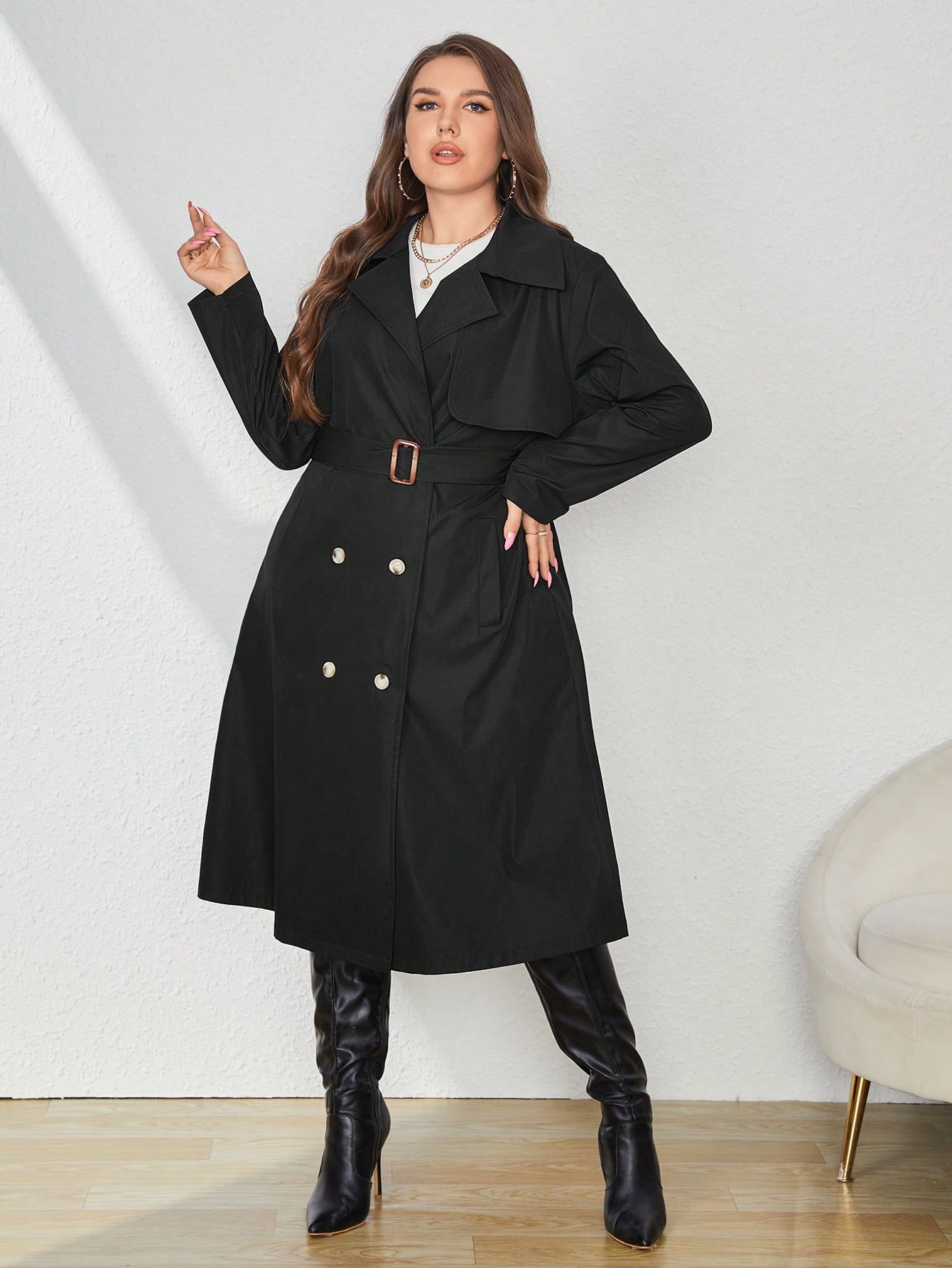 In Long Sleeve Plus Size Trench Coats