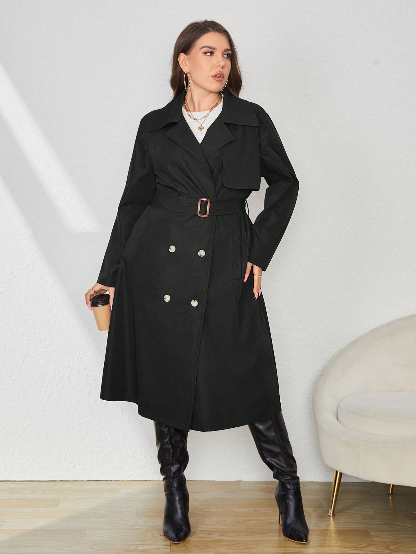 In Long Sleeve Plus Size Trench Coats