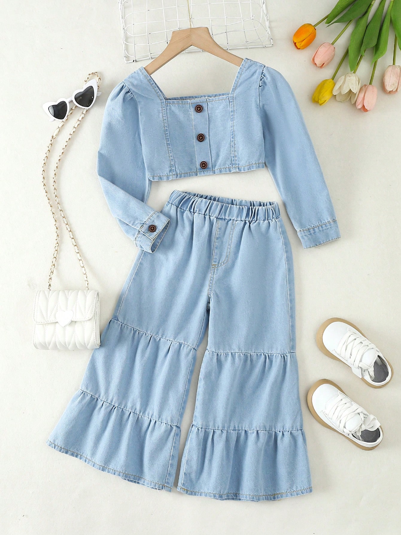 Young Girls Denim Two-piece Outfits