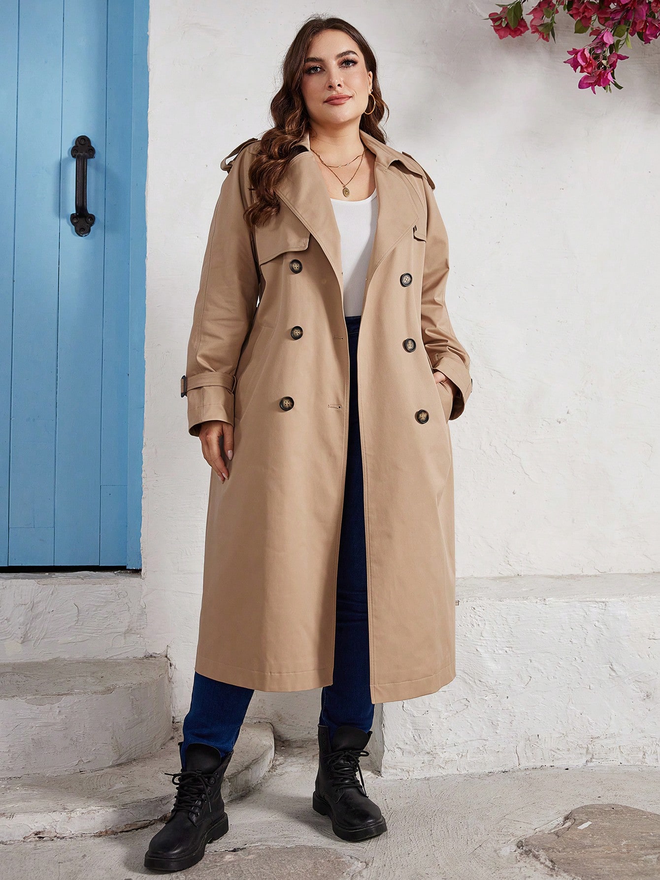 In Long Sleeve Plus Size Trench Coats