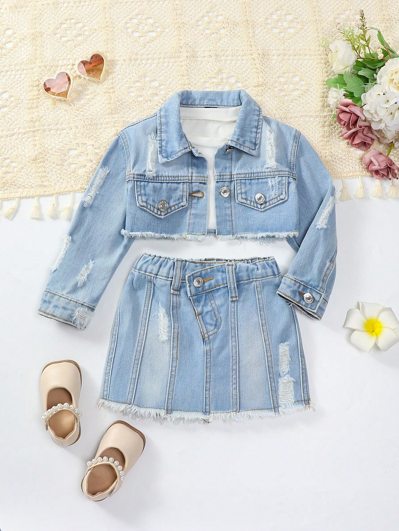 Young Girls Denim Two-piece Outfits