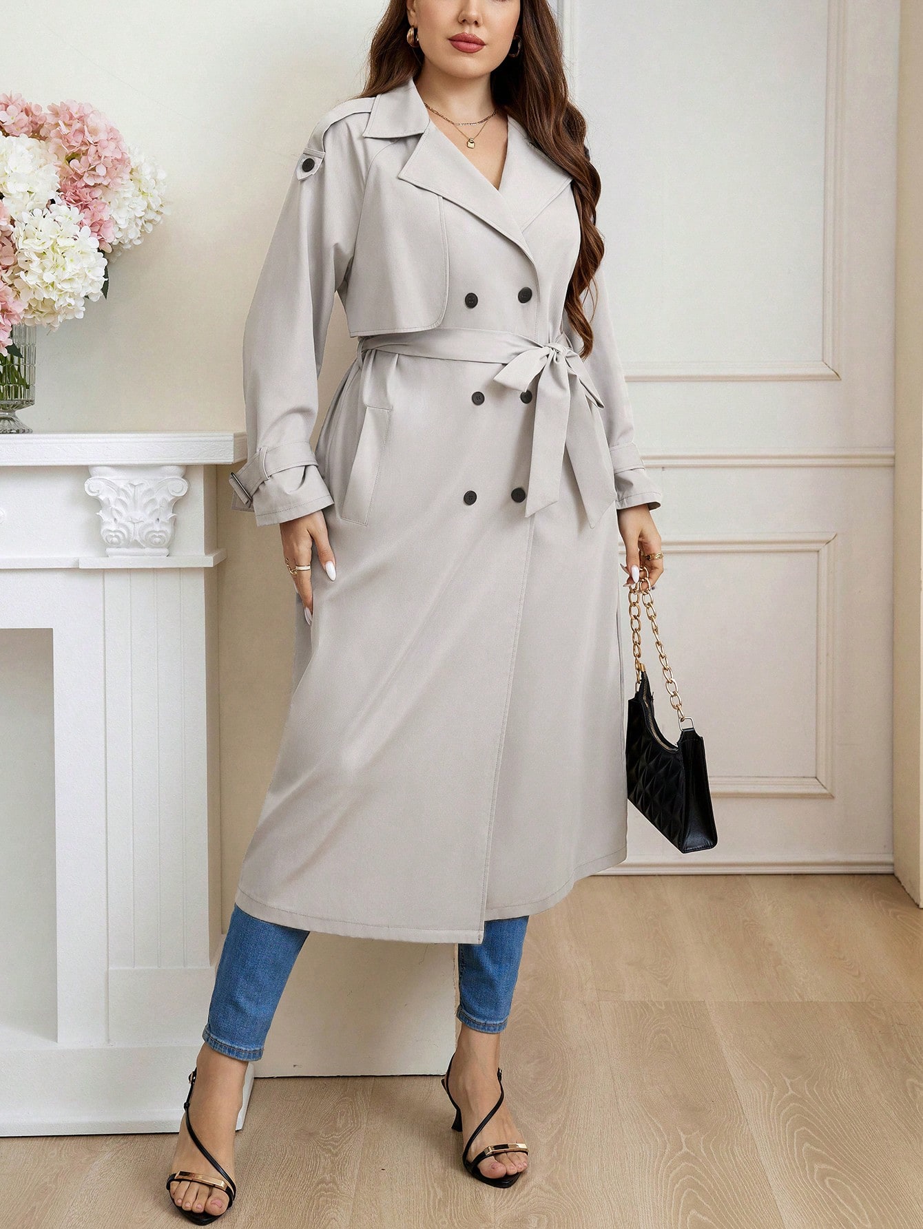 In Long Sleeve Plus Size Trench Coats