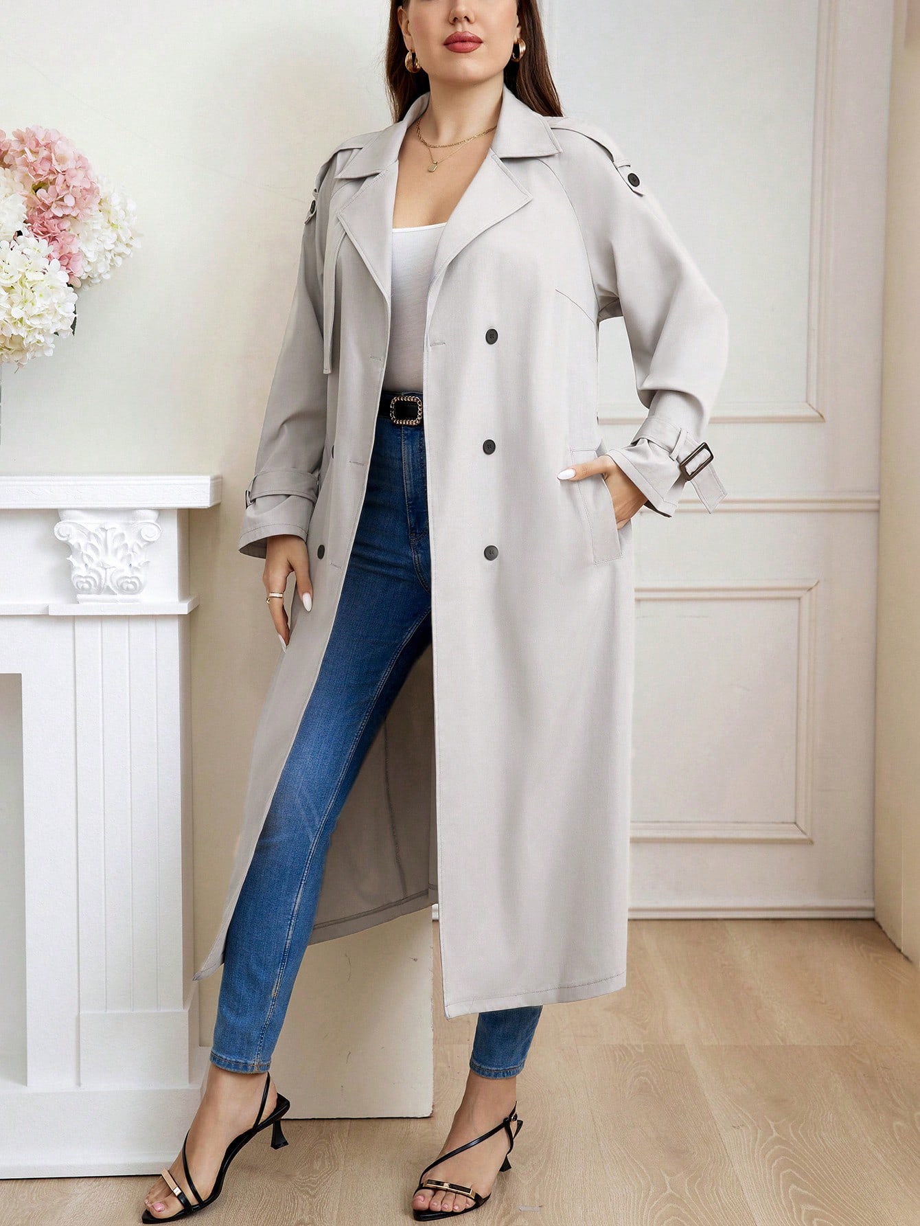 In Long Sleeve Plus Size Trench Coats