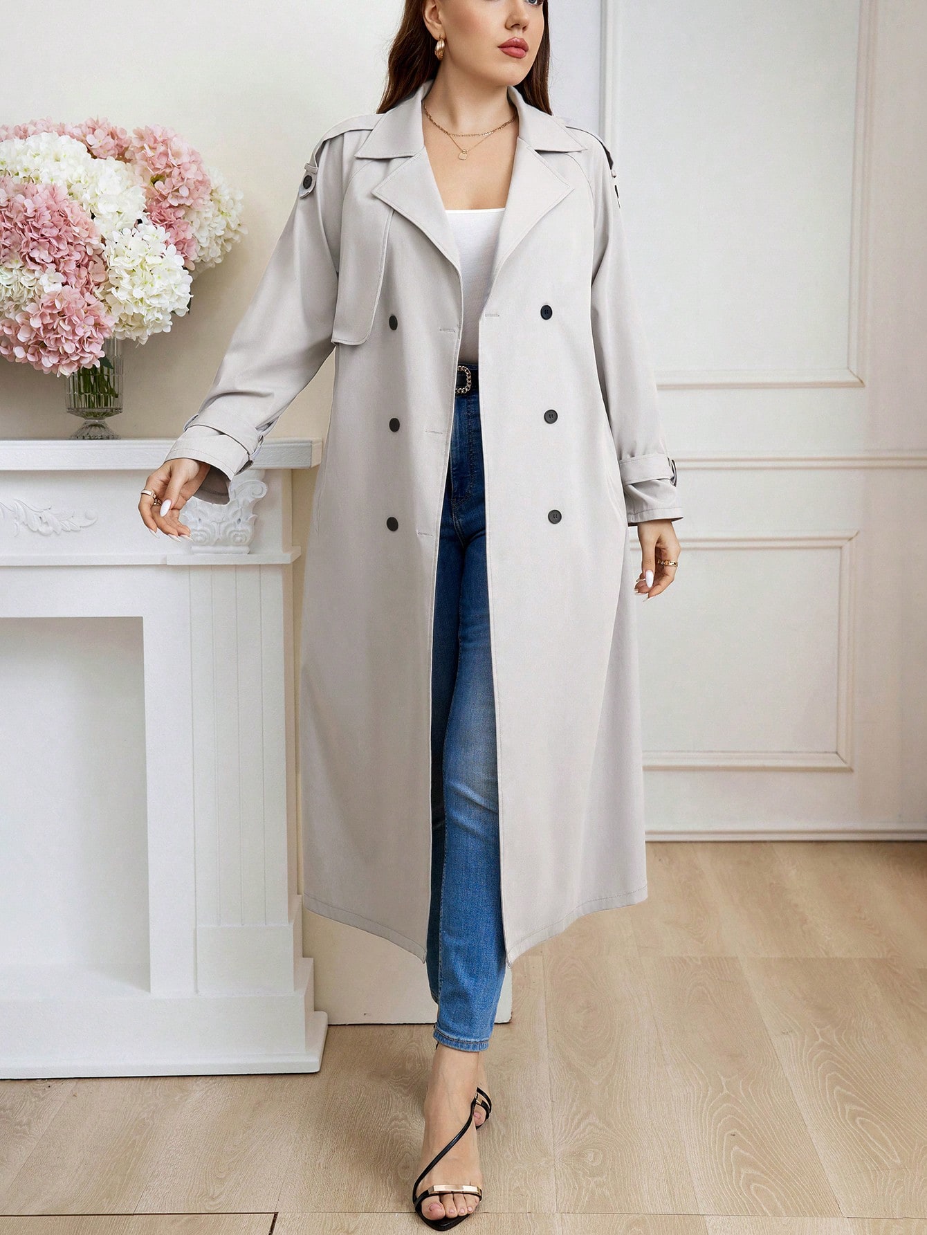 In Long Sleeve Plus Size Trench Coats