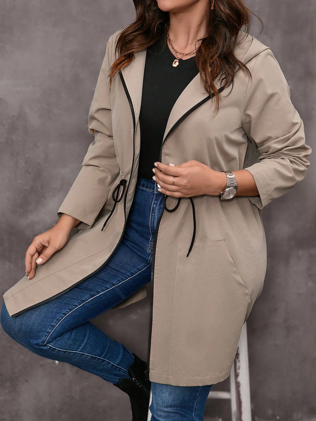 In Long Sleeve Plus Size Trench Coats