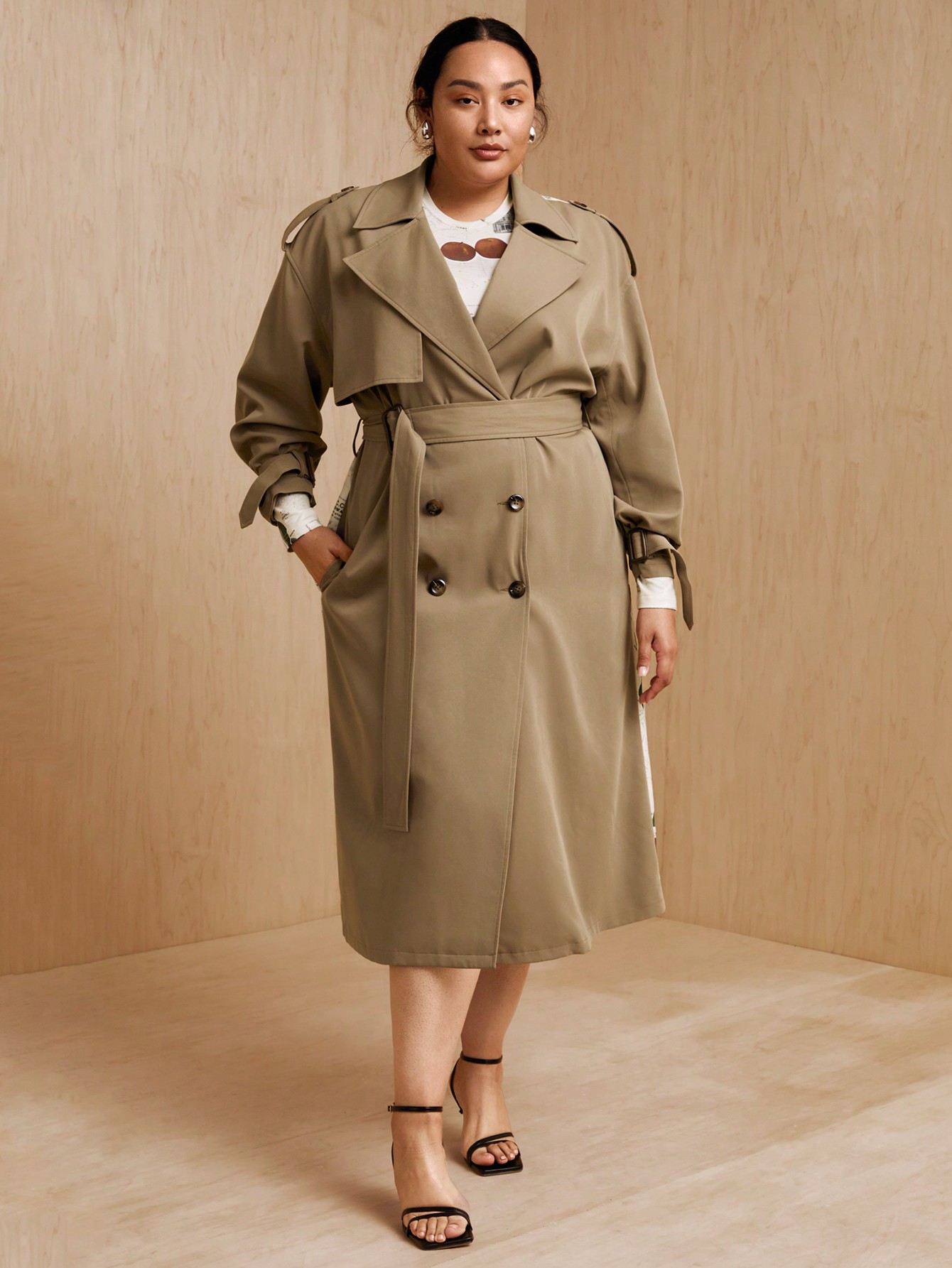 In Long Sleeve Plus Size Trench Coats