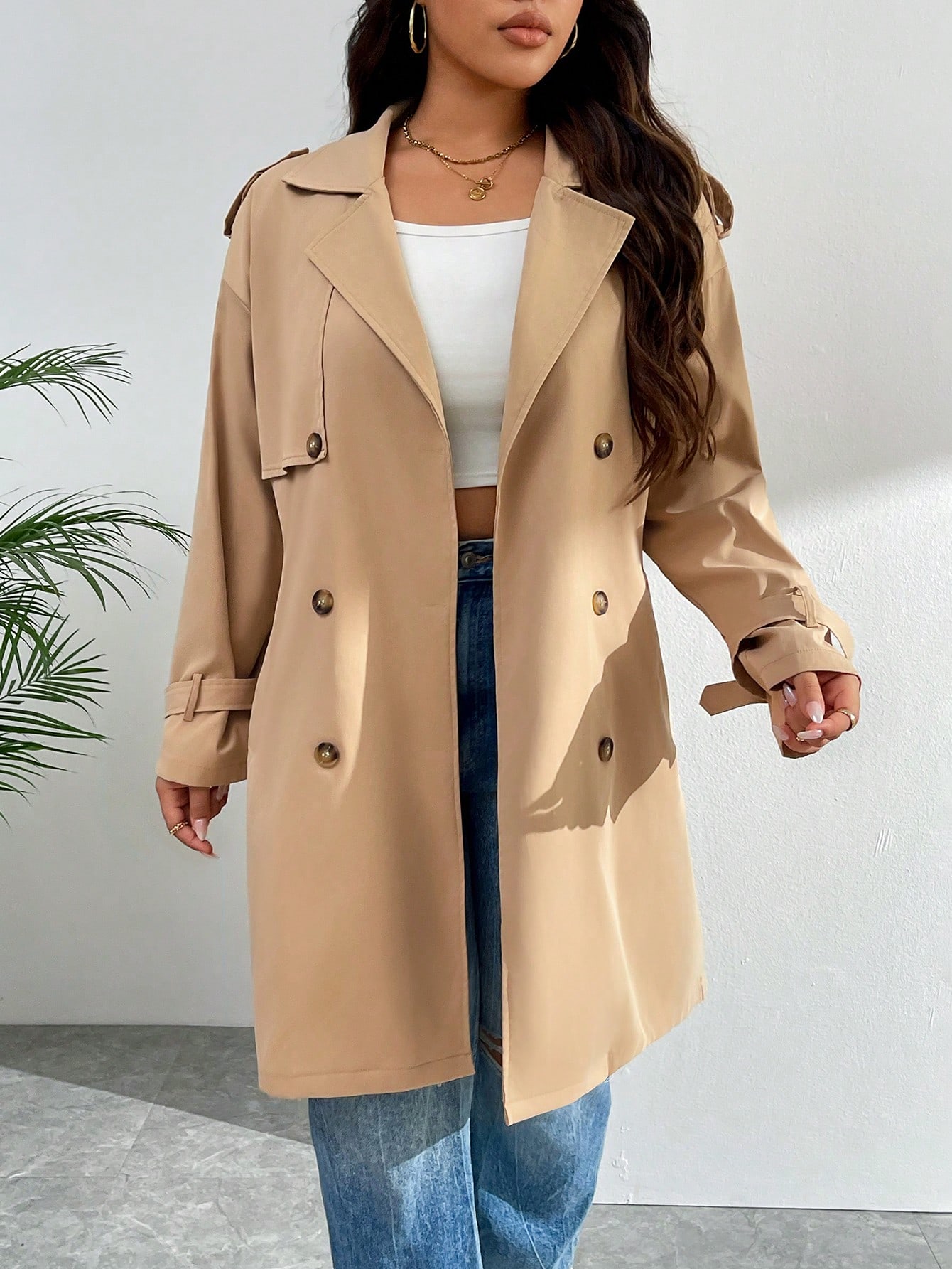 In Long Sleeve Plus Size Trench Coats