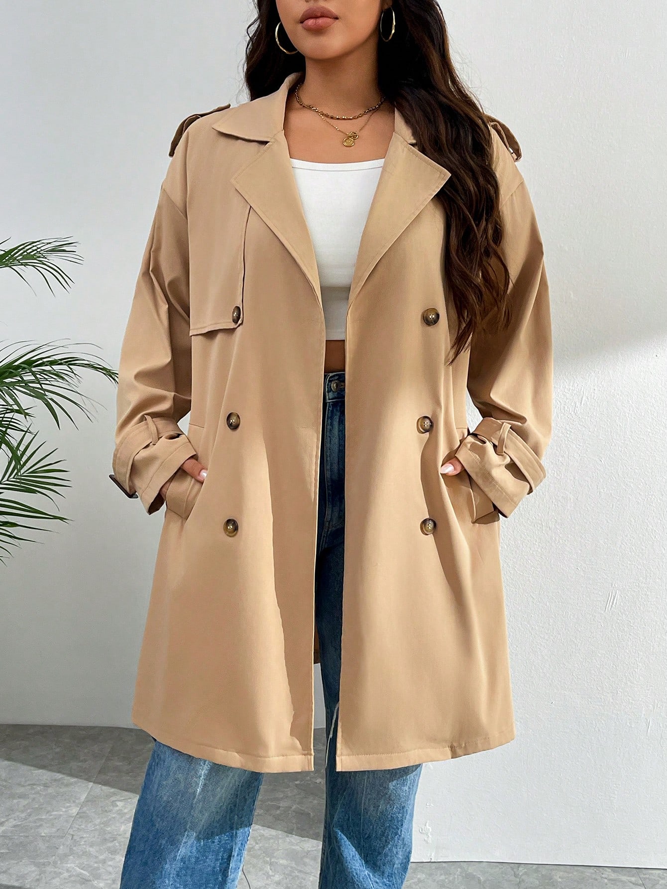 In Long Sleeve Plus Size Trench Coats