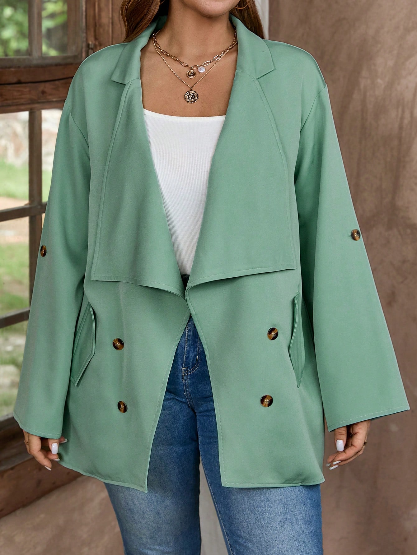 In Long Sleeve Plus Size Trench Coats