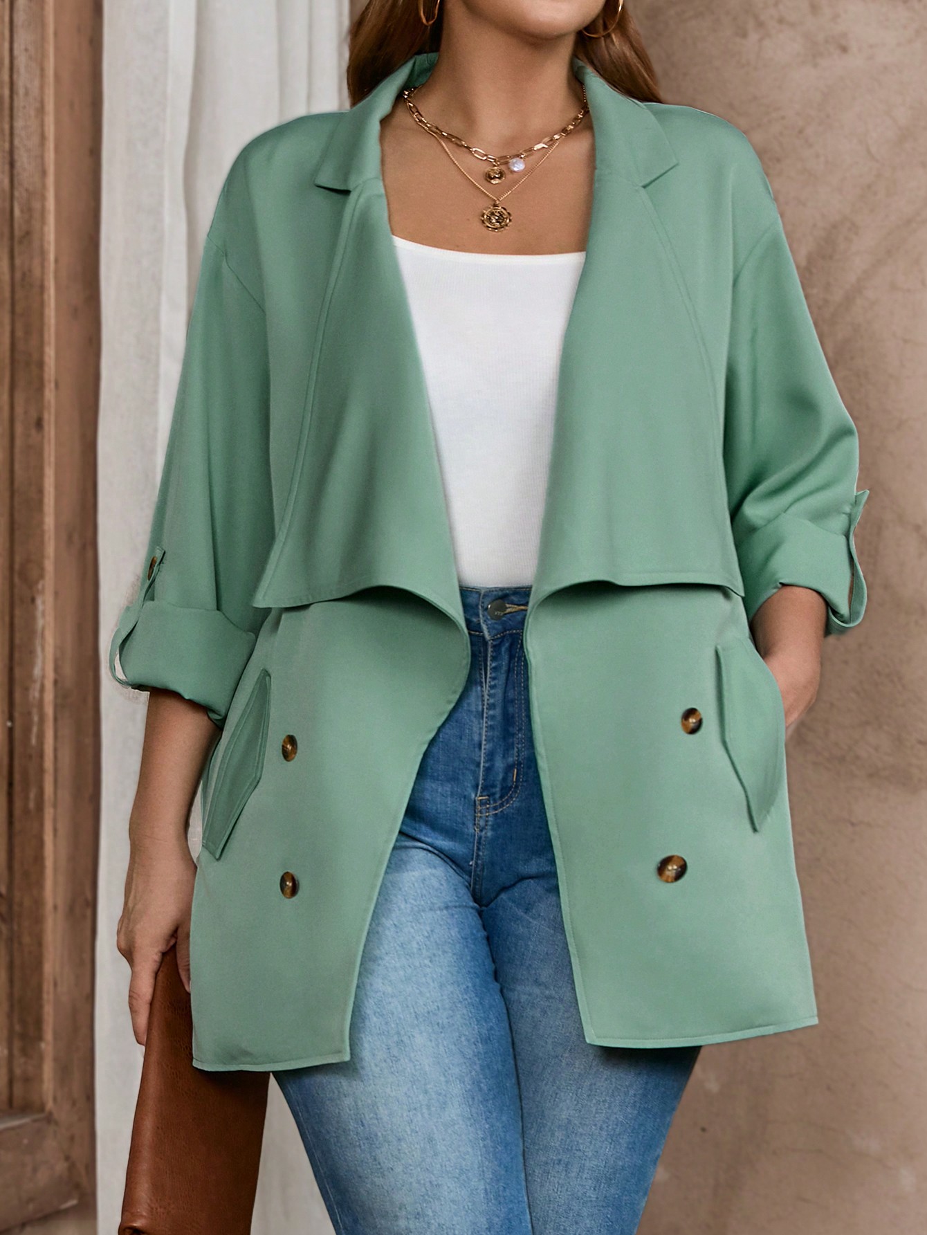 In Long Sleeve Plus Size Trench Coats