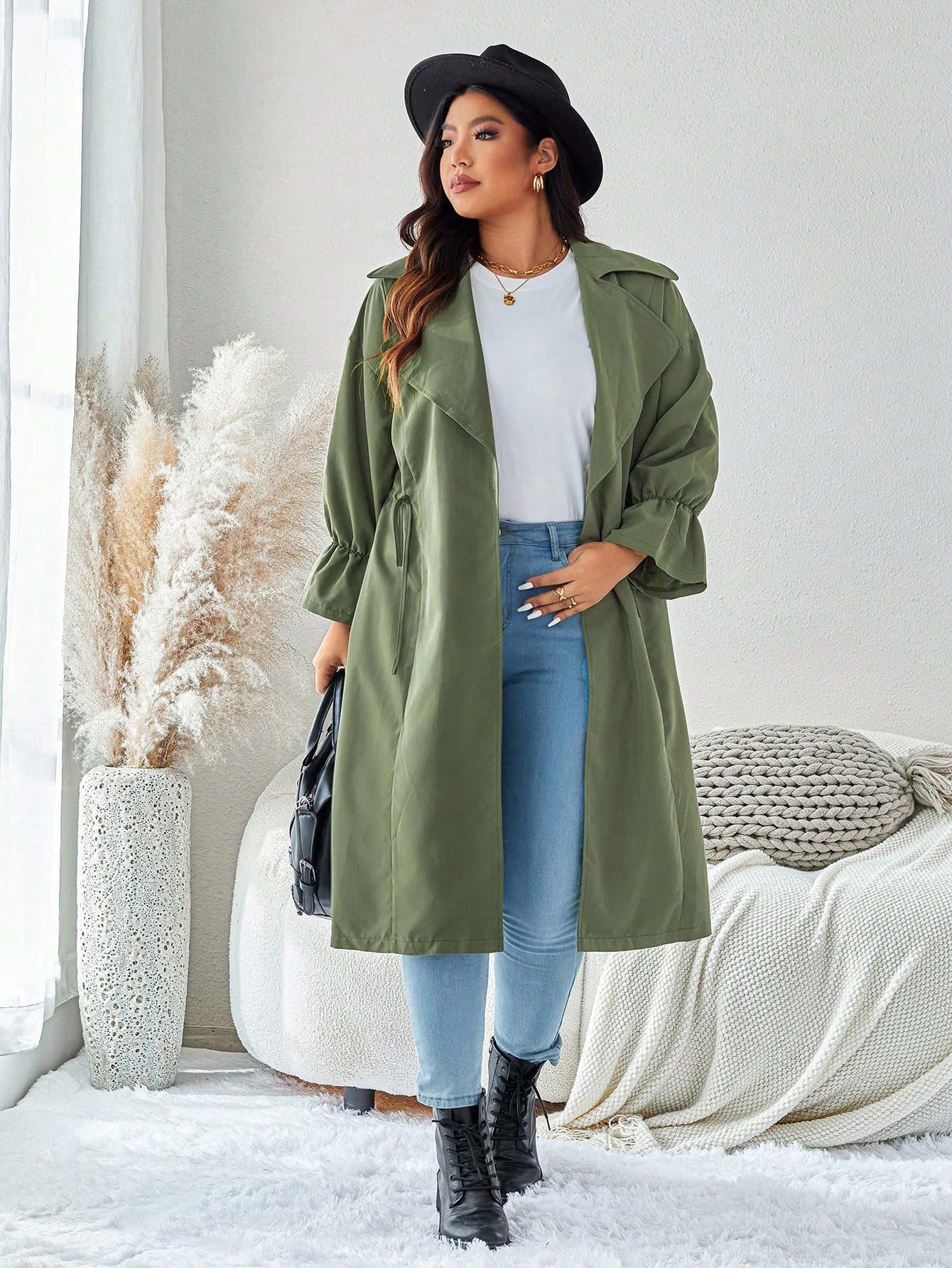 In Long Sleeve Plus Size Trench Coats