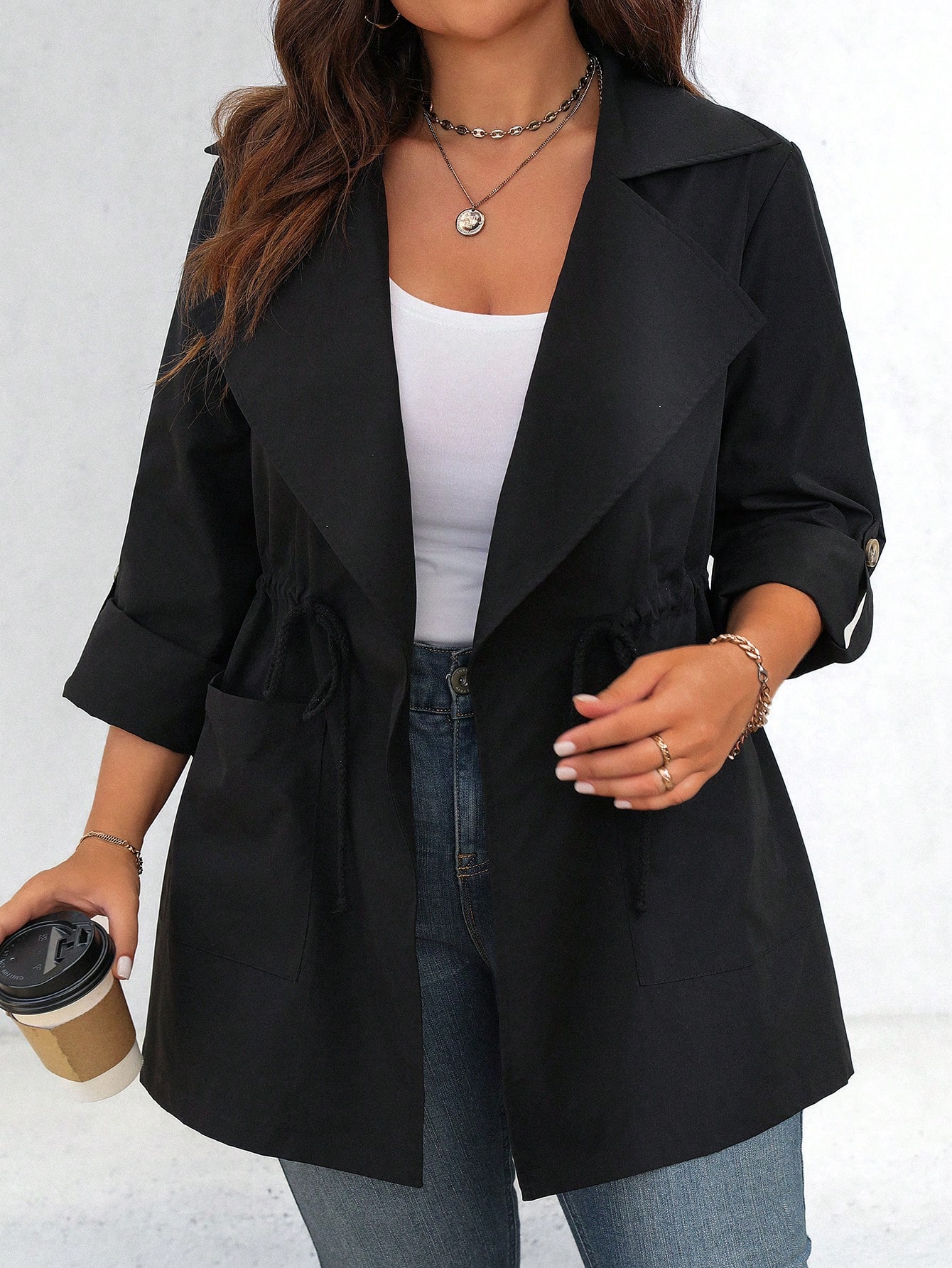 In Long Sleeve Plus Size Trench Coats