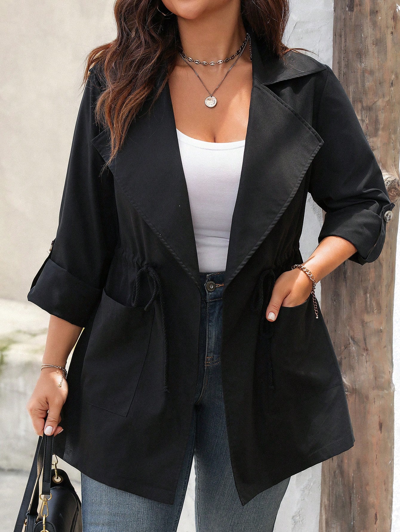 In Long Sleeve Plus Size Trench Coats