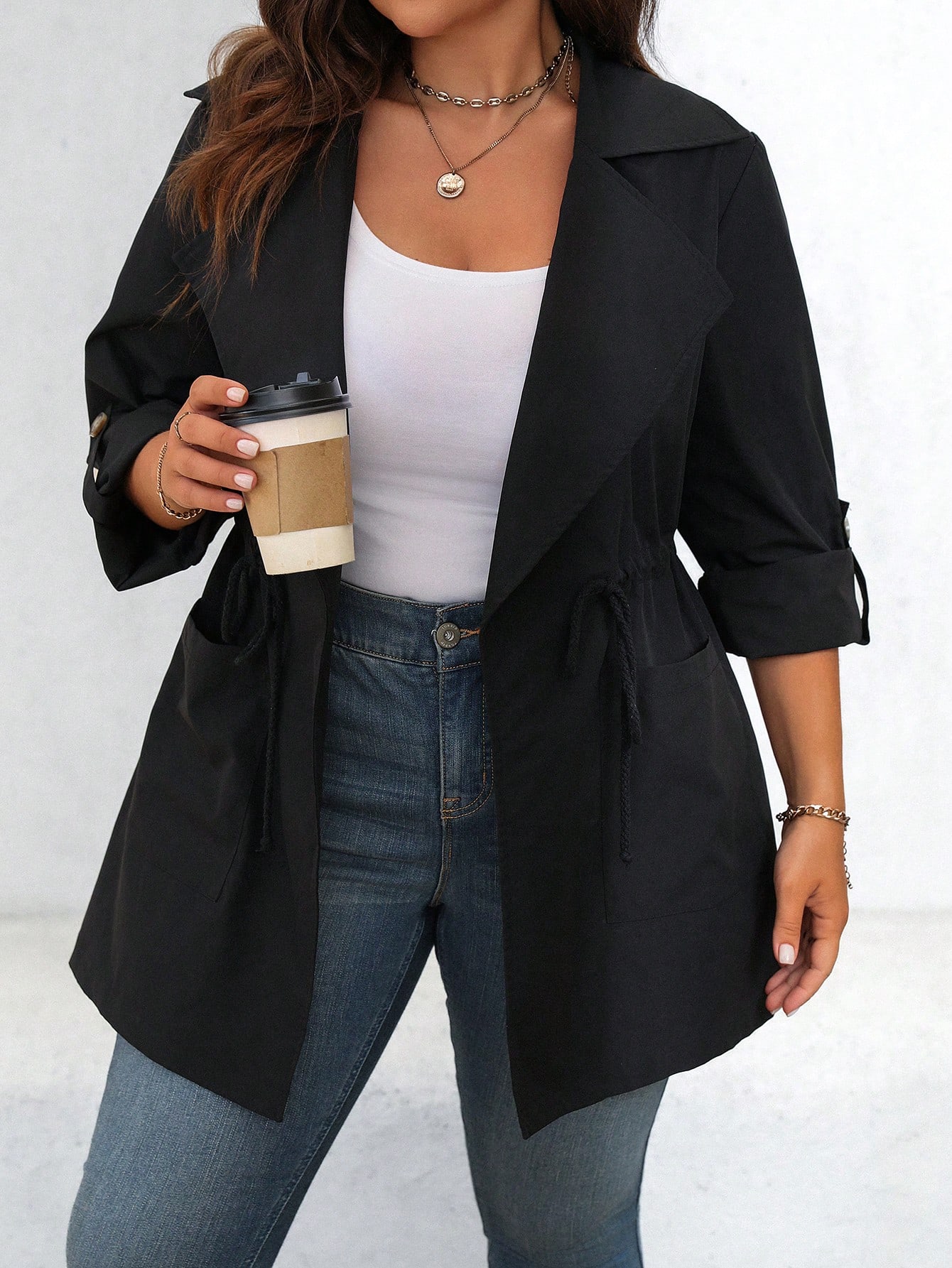 In Long Sleeve Plus Size Trench Coats