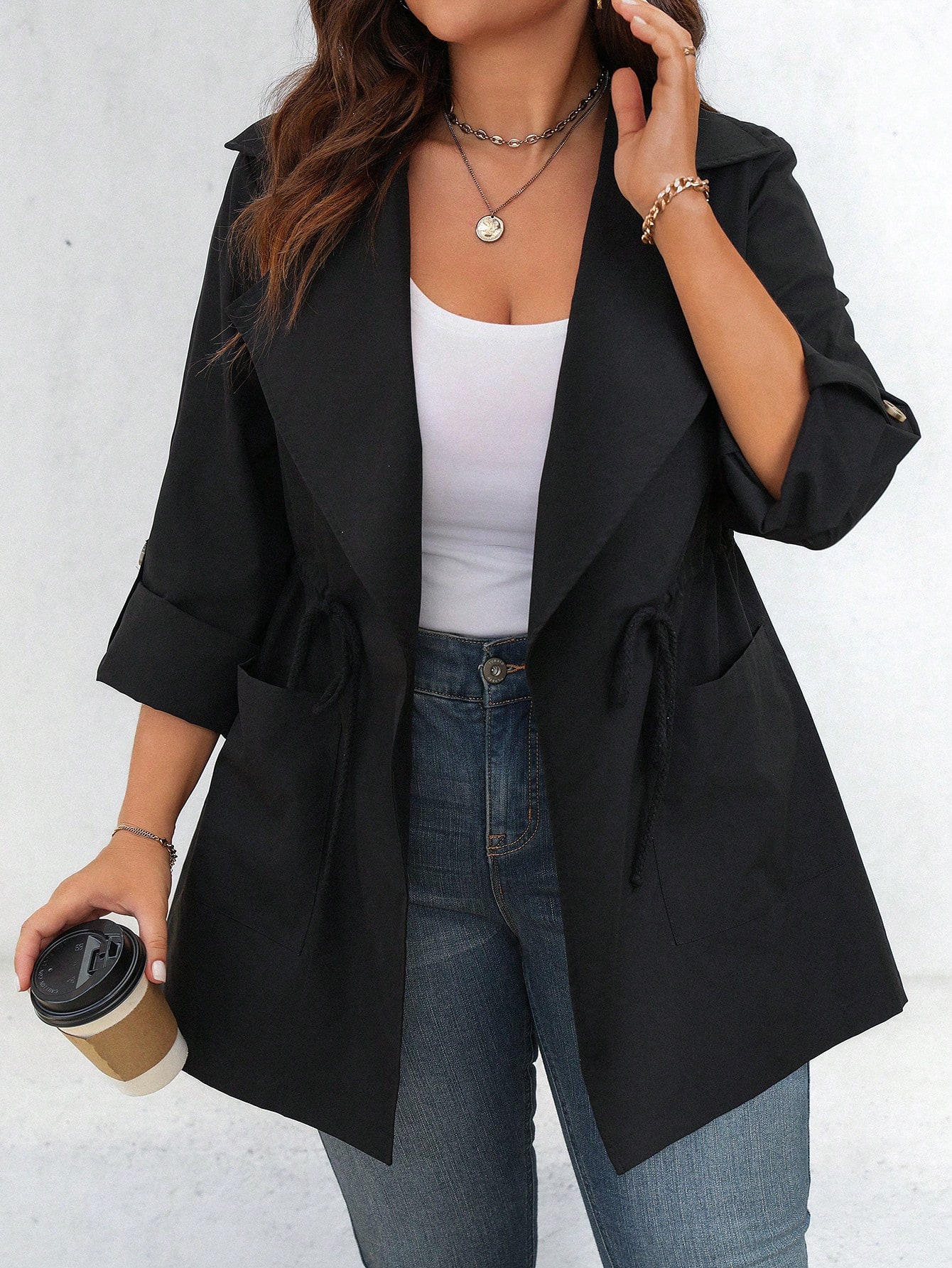 In Long Sleeve Plus Size Trench Coats