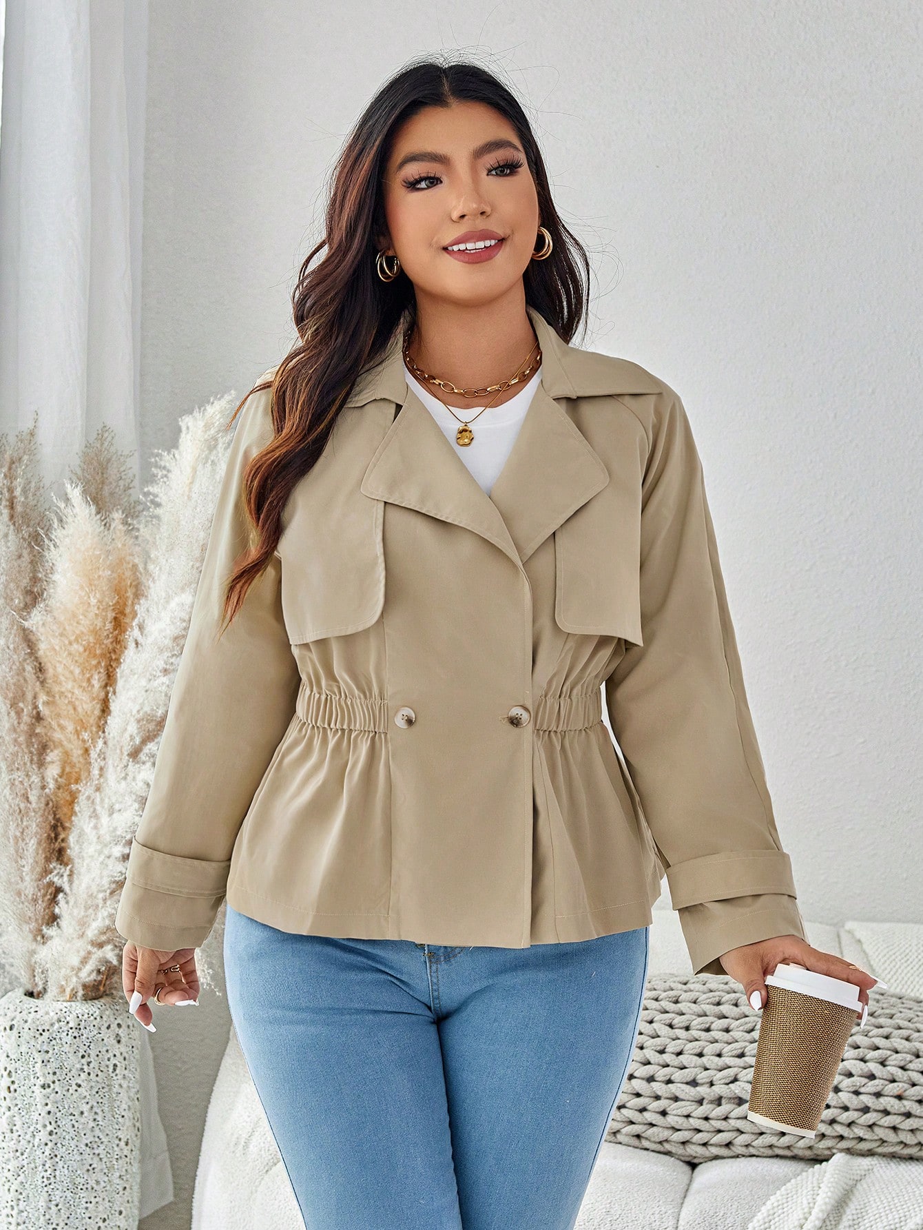 In Long Sleeve Plus Size Trench Coats