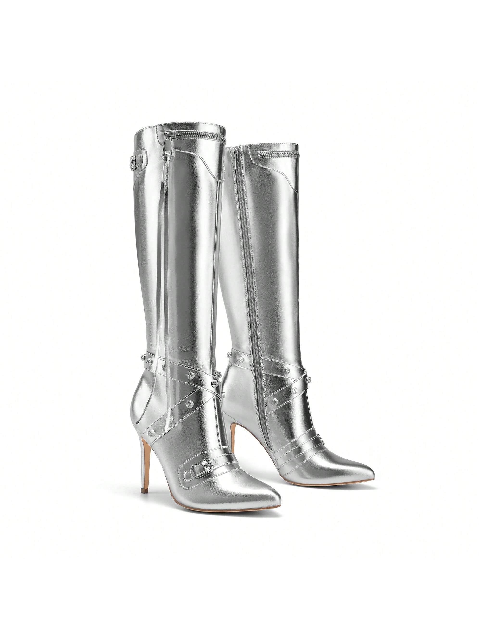 In Silver Women Knee-High Boots