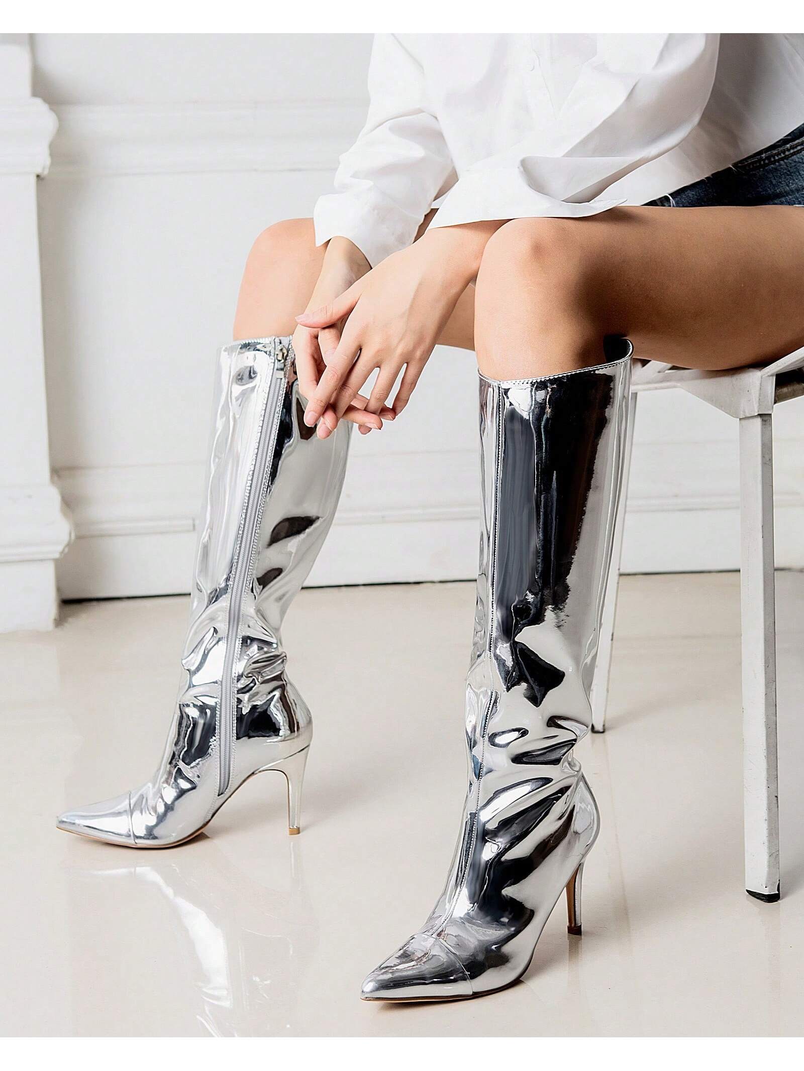 In Silver Women Knee-High Boots