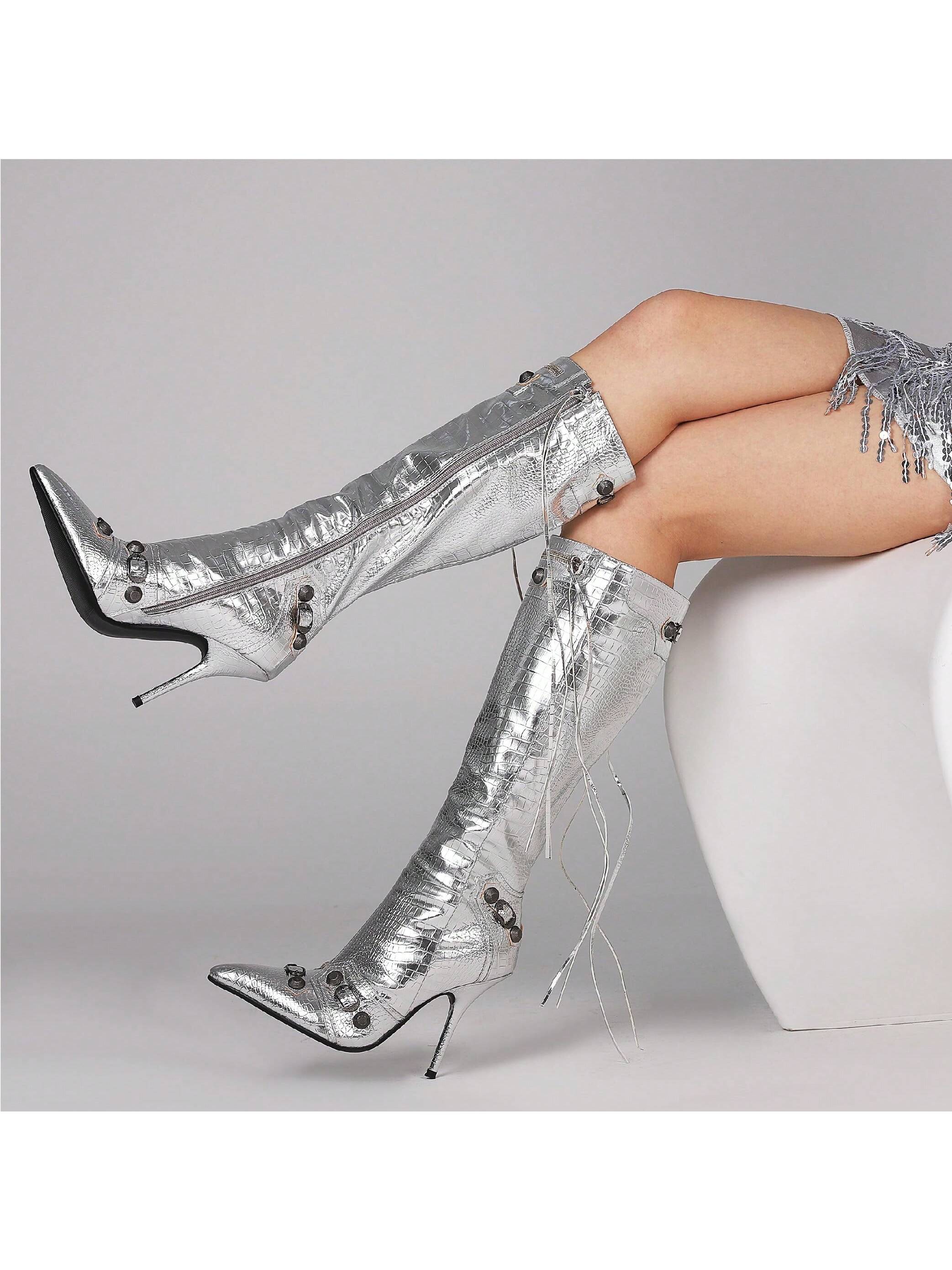 In Silver Women Knee-High Boots